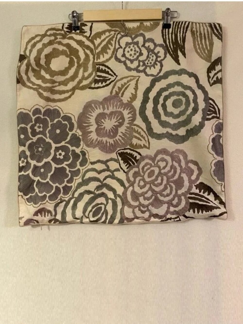 Dransfield & Ross purple brown floral embroidered 23" square pillow cover case